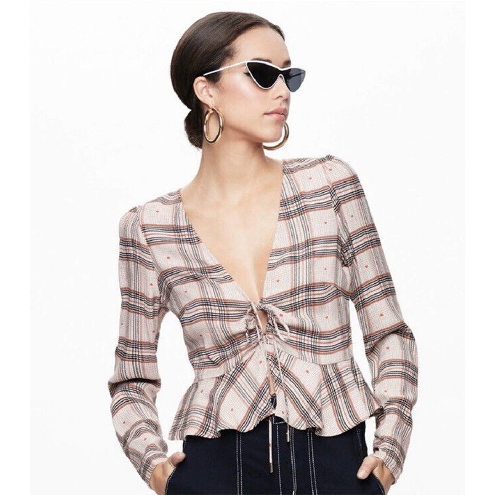 NWT AFRM Amery Heart Plaid Ruffle Crop Top Women's Long Sleeve Tan Size M
